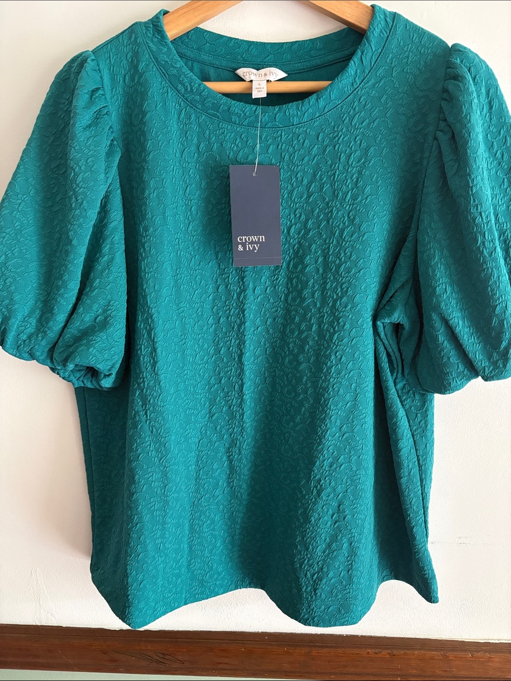 Crown & ivy Teal Textured Puff-Sleeve Top Womens Turquoise